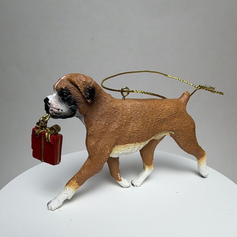 Christmas Hanging Boxer Dog Ornament Figurine Brown White Red Holding Present